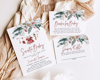 Christmas Baby Shower Invitation, Santa Baby Shower Invitation Set, Winter Baby Shower Invite Template, Winter Wonderland Baby Shower SB