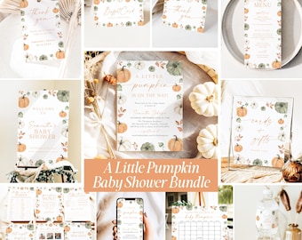 May include: A collection of baby shower stationery with a pumpkin theme. The bundle includes invitations, thank you cards, menu cards, and welcome signs. The designs feature orange, green, and white pumpkins with fall foliage.