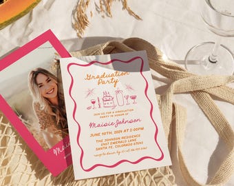 May include: A graduation party invitation card with a wavy pink border, featuring a photo of a person and text that reads Graduation Party, Maisie Johnson, June 10th, 2024 at 2:00pm, The Johnson Residence, 5467 Emerald Lane, Santa Fe, Colorado 67543.