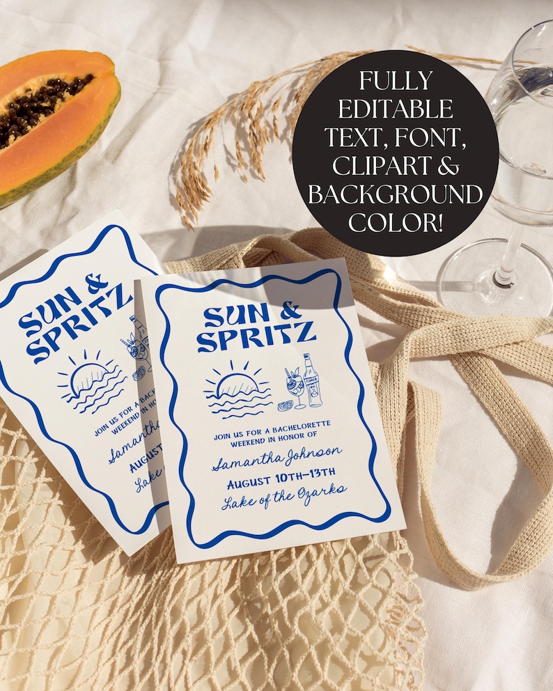 Mall för resplan för möhippa och svensexa med Sun and Spritz-helg, redigerbar handritad Aperol-inbjudan, handskrivna inbjudningar till strandfest bild 5