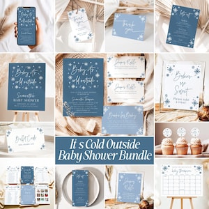 Puede incluir: Un conjunto de papelería para baby shower con temática de copos de nieve en azul y blanco. Incluye invitaciones, tarjetas de rifa de pañales, tarjetas de buffet, adornos para cupcakes, un menú, un calendario y carteles decorativos.