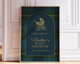 Classic Plaid Baby Shower Welcome Sign, Vintage Baby Carriage Welcome Poster, Dark Blue + Green Plaid Baby Shower Printed + Shipped RL