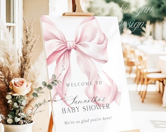 Pink Bow Baby Shower Welcome Sign, Bow Baby Shower Welcome Sign, Pink Coquette Bow Baby Shower Welcome Poster, Printed + Shipped X3