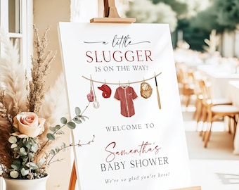 Baseball Baby Shower Welcome Sign, A Little Slugger Is On the Way, Red Baseball Baby Shower, Printed + Shipped Boy Baby Shower Sign, LS