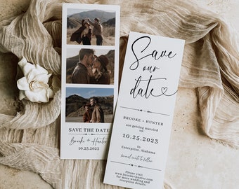 Moderne Save the Date Vorlage, Save the Date mit Foto, Fotostreifen Save the Date, Photo Booth Canva Editierbare Vorlage, minimalistisch, M4