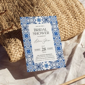 Mediterranean Tile Bridal Shower Invitation template, Dark Blue Italian Amalfi Coast Frame Invites, DIY Editable Positano Chinoiserie DB