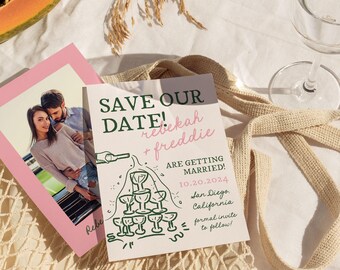 Save The Date Template, Hand Drawn Parisian Champagne Tower Invitation, Quirky Handwritten Whimsical Vintage Doodle Wedding Announcement PR