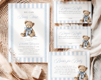 Teddy Bear Baby Shower Invitation Bundle We Can Bearly Wait Invite Blue Coquette Bow Teddy Bear Editable Template Instant Download b6