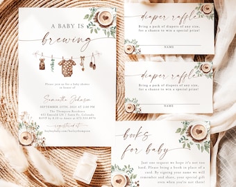 Een baby is aan het brouwen Babyshower uitnodiging koffieboon babyshower uitnodiging genderneutraal nodigt bewerkbare sjabloon Instant Download J4