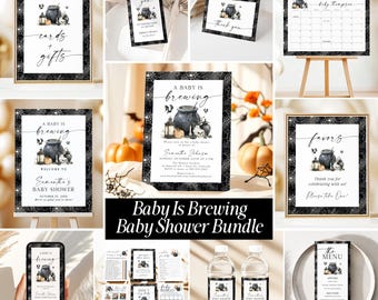 A Baby is Brewing Halloween Baby Shower Bundle, Editable Spooky Baby Shower Invitation, Printable Witch Cauldron Baby Shower Games SW
