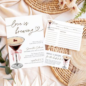 Love is Brewing Bridal Shower Invitation Template, Espresso Martini Bridal Shower Invite, Pink Bow Wedding Shower, Editable Bundle, PEM