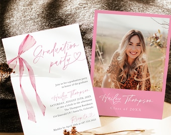 Pink Bow Graduation Party Invite, Coquette Graduation Invitation for Girl, Printable Bow Grad Invitation Template, Class 2025 Grad Invite GP
