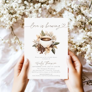 Love Is Brewing Bridal Shower Invite Template, Coffee Bridal Shower Invitation, Brunch and Bubbly, DIY Editable Wedding Shower Invites J1