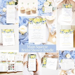 Blue Citrus Bridal Shower Invitation Bundle, Main Squeeze Bridal Shower Bundle, Printable Blue Lemon Bridal Shower Bundle, Editable Games MS