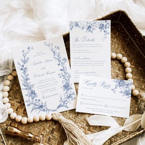 Dusty Blue Wedding Invitation Suite, Vintage Floral Invitation Template Set, Chinoiserie Flowers Wedding Invite, Wildflower Wreath, Y1
