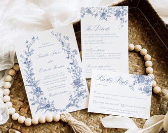 Invitación de boda azul con plantilla floral vintage editable, estilo chinoiserie, rosas francesas, flores, invitaciones botánicas en azul toile Y2
