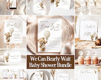 We Can Bearly Wait Baby Shower Bundle Gender Neutral Teddy Bear Baby Shower Minimalist Boho Teddy Bear Baby Games Set Editable Template BW