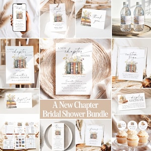 May include: A bridal shower stationery bundle featuring a watercolour illustration of stacked books topped with wildflowers. The collection includes invitations, welcome signs, favour tags, water bottle labels, buffet cards, and game cards with the text A New Chapter Begins.