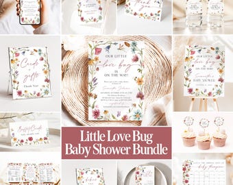 以下が含まれることがあります： ワイルドフラワーのフローラルテーマと「Our Little Love Bug Is On The Way」のテキストが特徴のベビーシャワー用ステーショナリーセット。招待状、サンキュータグ、ボトルラベル、看板、ビュッフェカード、カップケーキトッパー、ゲームが含まれています。
