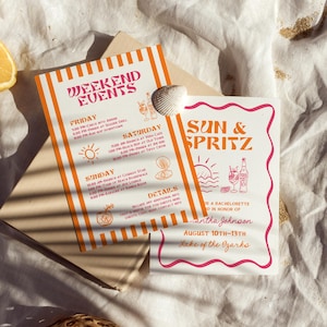 Mall för resplan för möhippa och svensexa med Sun and Spritz-helg, redigerbar handritad Aperol-inbjudan, handskrivna inbjudningar till strandfest bild 3