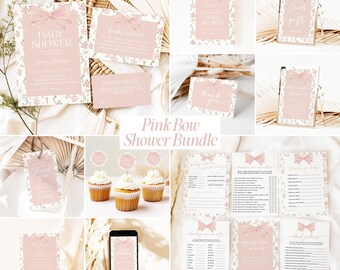 DIY Editable Coquette Shabby Chic Baby Shower Invitation Bundle, Customizable Printable Vintage Pink Bow Rose Floral Girl Shower Invites F1