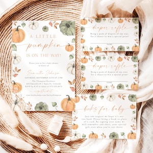 May include: A set of baby shower invitations and inserts with a pumpkin theme. The invitation reads "A Little Pumpkin is on the Way!" and includes details for the event. The inserts include diaper raffle and book request cards, all with pumpkin illustrations.