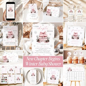 May include: A collage of baby shower stationery with a winter theme. The design features pink gift boxes, snowflakes, and text that reads "A New Chapter Begins" and "Winter Baby Shower." Items include invitations, thank you cards, and cupcake toppers.