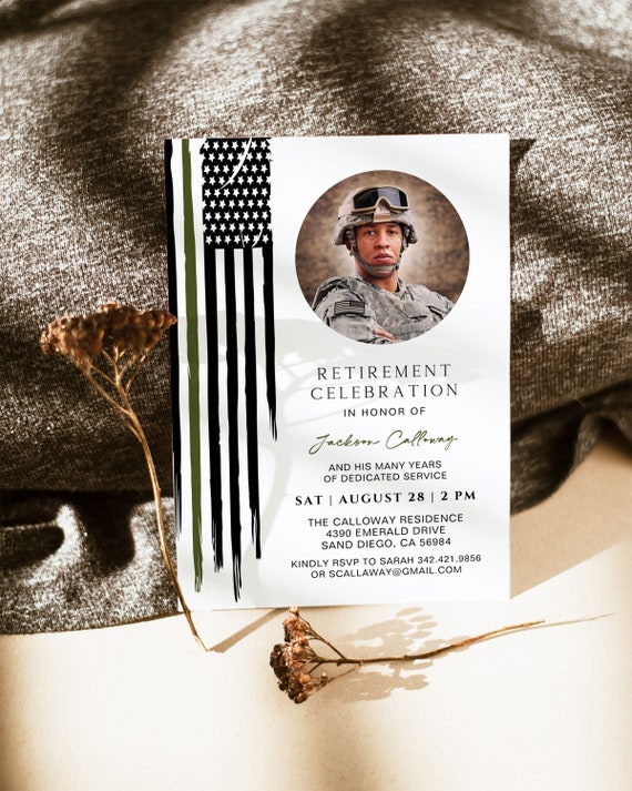 Military Retirement Party Invitation Template, Fully Editable Thin Green Line Flag Retire Printable Invite, Army Border Patrol Paramedic US