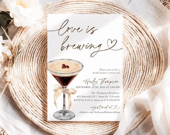 Love is Brewing Bridal Shower Invitation Template Espresso Martini Bridal Shower Invite Editable Coquette Bow Wedding Shower Invites E1