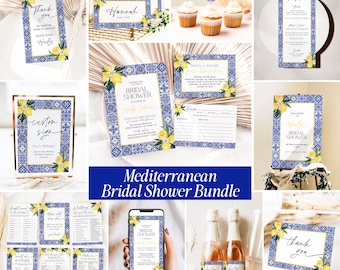 Mediterranean Lemon Bridal Shower Invitation Template Bundle Editable Italian Blue Tiles Frame Invites DIY Main Squeeze Positano Wedding, DB