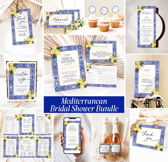Mediterranean Lemon Bridal Shower Invitation Template Bundle Editable Italian Blue Tiles Frame Invites DIY Main Squeeze Positano Wedding, DB