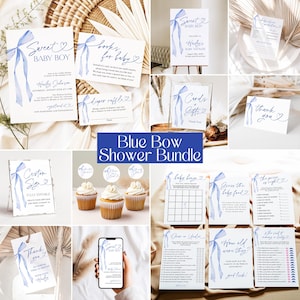 Blue Bow Baby Shower Invitation Bundle, Pastel Blue Baby Shower Invite, Boy Baby Shower, Blue Coquette Bow, Editable Template LB