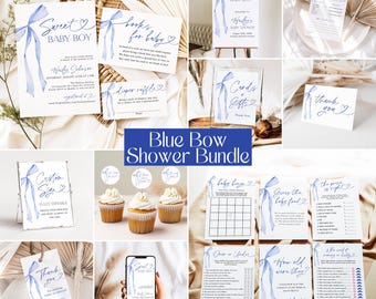Blue Bow Baby Shower Bundle Templates Coquette Bow Baby Shower Invitation Bundle, Ribbon Bow Baby Shower Games + Signs Decorations LB