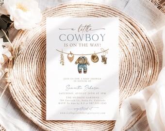 Cowboy Baby Shower Invitation Template A little Cowboy Is On The Way Invite Cowboy Clothesline Baby Shower Dusty Blue Wild Western LC1