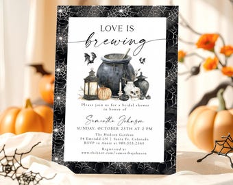 Halloween Bridal Shower Invitation Love Is Brewing Bridal Shower Invite Witch Cauldron Spider Web Bridal Shower Invites Printed & Shipped SY