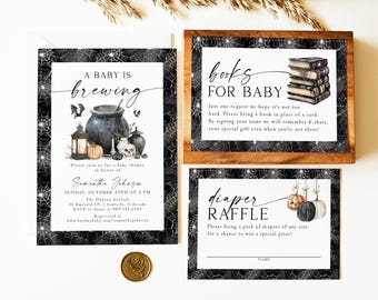 A Baby is Brewing Halloween Baby Shower Invitation Set, Editable Spooky Baby Shower Invite, Printable Witch Cauldron Baby Shower Invites SW