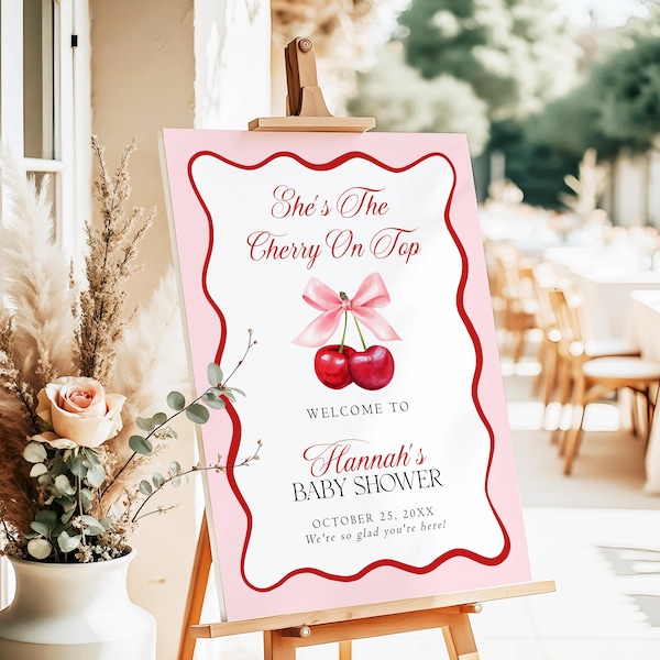 Printed + Shipped Cherry On Top Baby Shower Welcome Sign Coquette Cherry Sweet Baby Sprinkle Pink + Red Mon Cheri Baby Shower Poster C3
