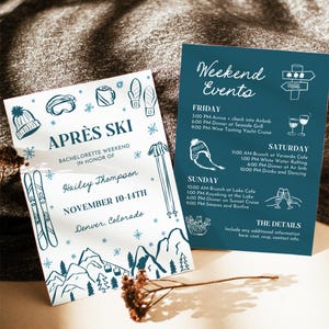 Plantilla de itinerario de invitación para fin de semana de despedida de soltera después de esquiar, invitación de viaje de chicas a la montaña editable y hecha a mano, invitaciones para fiesta en cabañas de invierno