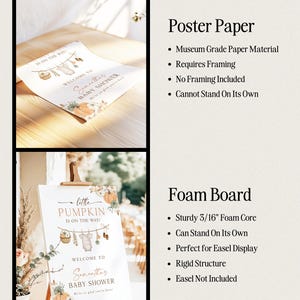 May include: A baby shower welcome sign featuring pumpkin and baby clothing illustrations with the text A little PUMPKIN IS ON THE WAY! WELCOME TO Samantha's BABY SHOWER. Available as museum grade poster paper or a 3/16 inch thick foam board.