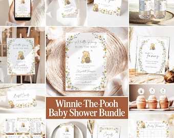 Classic Winnie-the-Pooh Baby Shower Invitation Gender Neutral Wildflower Baby Shower Bundle Little Honey Games + Signs Editable Template PB