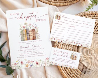 A New Chapter Bridal Shower Invitation, Floral Storybook Bridal Shower Invite Handwritten, Spring Summer Wildflower, Editable Template NC2