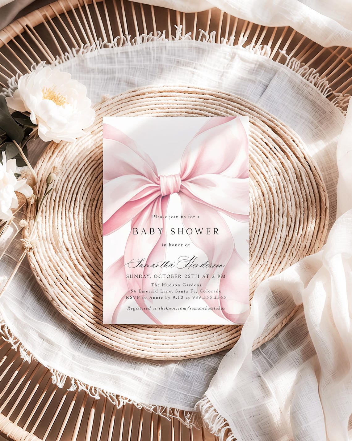 Blush Pink Bow Baby Shower Invitation Elegant Baby Girl Shower Invite ...
