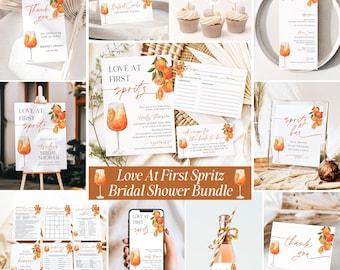 May include: A bridal shower stationery bundle featuring a Love At First Spritz theme with orange and citrus illustrations, including invitations, menu cards, thank you tags, recipe cards, games, and bottle labels with orange cocktail graphics.