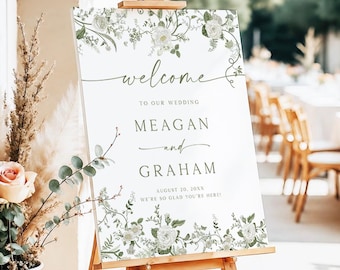 Wedding Welcome Sign White Floral Wedding Welcome Sign Green & White Flowers Wedding Welcome Poster Sage Green Wedding Printed + Shipped Y4