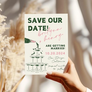 Hochzeit Save The Date Vorlage, Handgezeichnete Illustration Champagner Turm Einladung, Handgeschriebene, wunderliche Vintage Hochzeitsansage