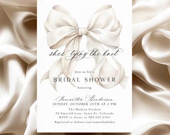 She's Tying the Knot Bridal Shower Invite Elegant Off White Bow Bridal Invitation Ribbon Wedding Shower Invites Editable Template X1