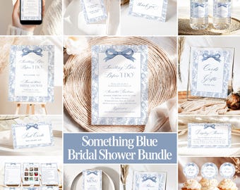 Something Blue Before I Do Bridal Shower Invite Vintage Floral Bow Wedding Invitation Bundle French Toile Signs + Games Editable Template B5