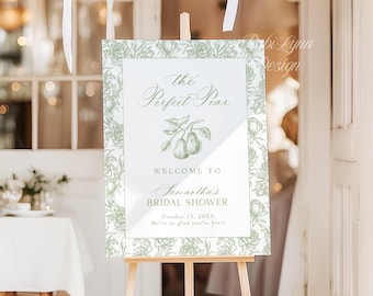 Le signe de bienvenue parfait pour la douche nuptiale poire, affiche de mariage floral vintage, modèle modifiable toile de Jouy, téléchargement immédiat PE