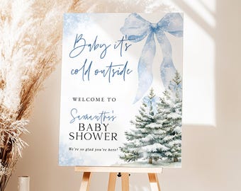 Blue Bow Baby It's Cold Outside Baby Shower Welcome Sign Holiday Snowfall Winter Wonderland Snowflake Entrance Sign Printed + Shipped SF2
