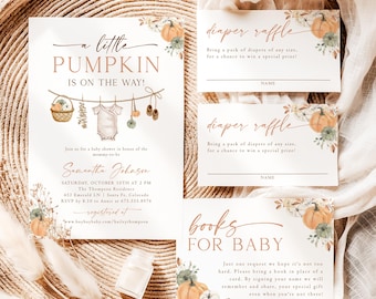 Op de afbeelding: Babyshower briefpapier set met een pompoen thema. De uitnodiging luidt "A Little Pumpkin is on the Way!" en bevat details van het evenement. Kaarten voor een luier verloting en boeken voor baby's zijn ook inbegrepen.